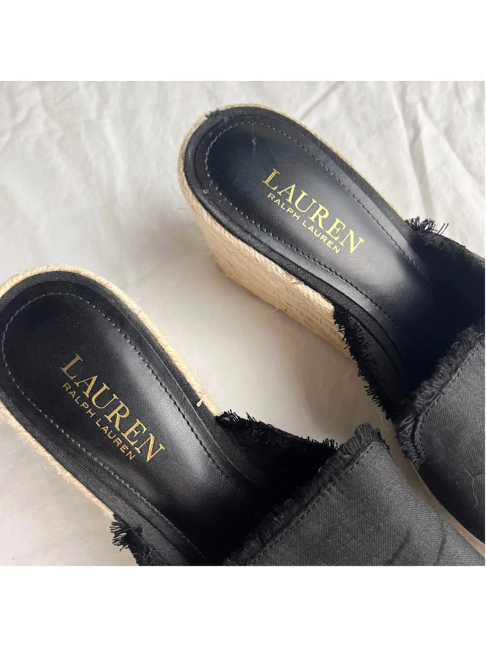 Lauren Ralph Lauren Carlynda Black Linen Wedge Espadrille Sandals Sz 9 Peep Toe